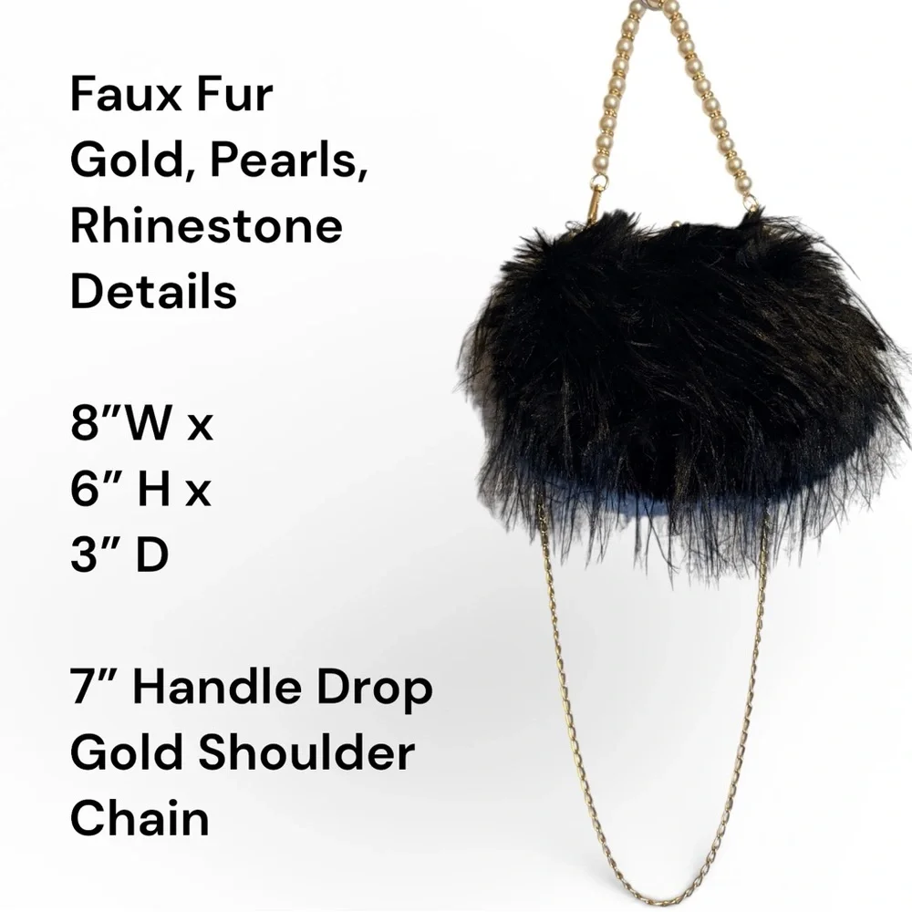 Vintage Style Faux Fur Pearl Handle Elegant Evening Bag Gold Kiss Lock Clutch